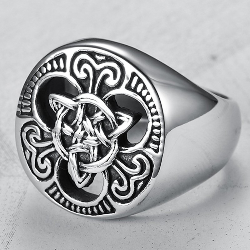 JUDE Stainless Steel Vikings Celtic Knot Signet Biker Ring (Silver,