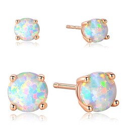 GEMSME 18K Rose Gold Plated Opal Stud Earrings 6MM Round For Women (4mm/6mm Pack of 2)