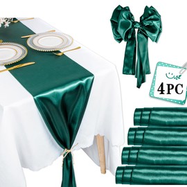 ShinyBeauty Emerald Green Satin Table Runner Set of 4 - 108" Wedding & Event Decor with Chair Sashes for Round/Rectangle Tables