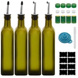 eispap 17oz 4 Pcs Olive Oil Dispenser Bottle,500ml Glass Oil and Vinegar Dispenser Set with 4 Stainless Steel Pourers, 8 Labels,Funnel Oil Bottles for Kitchen (Green)