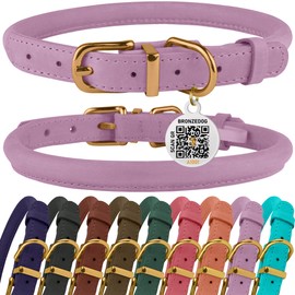 BronzeDog Rolled Leather Dog Collar with QR ID Tag, Adjustable Soft Round Collars for Small Medium Large Dogs Puppy (7" - 10" Neck Size, Lavender)