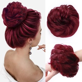 Hairro Messy Bun Hair Piece for Women Synthetic Chignon Donut Hair Extensions Thick Updo Curly Wavy Ponytail Rubber Scrunchie Scrunchy Hairpiece Burgundy 35g/pc 1pc