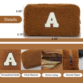 kamumanni Cute Plush Makeup Bag, Fluffy Cosmetic Bag with Initial, Small Aesthetic Makeup Pouch with Chenille Letter for Travel, Gifts for Women and Girls, Brown-J
