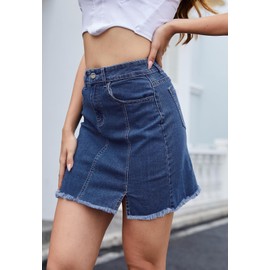 HERBATOMIA Women’s Denim Bodycon Mini Skirt A-line Dark Blue Split Hem High Waist Casual Short Jean Skirts with Pocket for Women