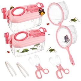 2Sets Bug Kids Catcher - Sturdy Kids Catching Kit of Bug Gifts with Bug Collector Butterfly Net Tweezer, Kids Bug Habitat Outdoor Explorer Kit for Kids Age 3 4 5 6 7 8, 8Pcs, Pink