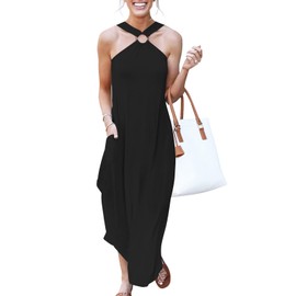 ANRABESS Women Summer Halter Neck Sundress Sleeveless Split Side Casual Beach Travel Vacation Maxi Long Dress with Pockets Black Small