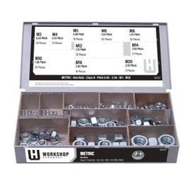 Workshop Hardware Fastener Assortment Kit, Metric Hex Nut Set, Standard Pitch Class 8, 345 Piece Variety, M3, M4, M5, M6, M8, M10, M12, M14, M16, and M20 Diameters