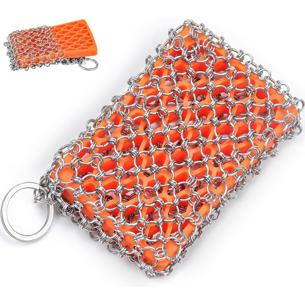 2in1 Chain Mail Cast Iron Scrubber - Removable Cast Iron Pan Pot Cleaner Chainmail Scrubber, 316L Iron Skillet Scrubber Cast Iron Cleaning Chain Scrubber for Cast Iron, Dutch Oven, Carbon Steel Pan