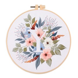 IUHUI Embroidery Kit for Beginners and Adults - 26 Pcs Floral Letters Easy Pattern DIY Hand Stitched Embroidery Set with Hoop (Flower and Grass Letter Y)