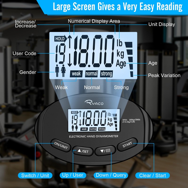 Ryaco Grip Strength Tester With Adjustable Hand Gripper, 396lbs/180kg Digital