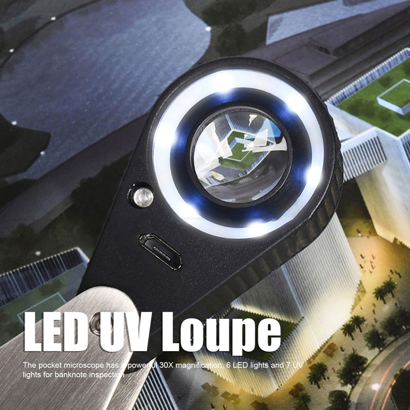 LED UV Loupe Rechargeable Foldable Portable Metal 30X Pocket Magnifier