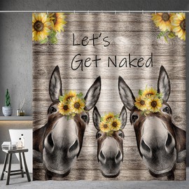 Aimego Donkey Sunflower Shower Curtain Farm Animal with Sunflower Wooden Rustic Country Farmhouse Shower Curtain Set with 12 Hooks for Bathroom Decor Accessories Bathtub Curtain, 72"x72"