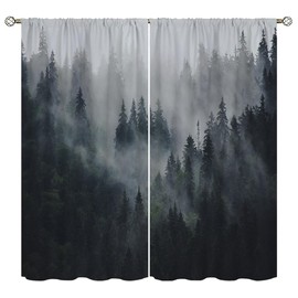 Foggy Mountains Forest - Cortinas opacas para decoración del hogar, acuarela, paisaje verde, bolsillo para barra de árbol, cortinas con aislamiento térmico, cortinas para oscurecer la ventana para
