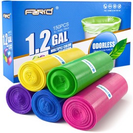 Forid - Bolsas de basura pequeñas de 1.2 galones, bolsas de basura pequeñas, 150 unidades en 5 rollos, 5 colores para baño, dormitorio, oficina, coche, cubo de basura de 5 litros