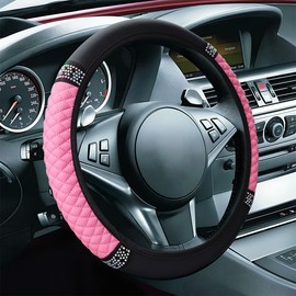 ZIMISI Bling Soft Leather Steering Wheel Cover, 15" Anti-Slip Sparkly Crystal Auto Elastic Steering Wheel Protector for Women Girl, Colorful Diamond Car Interior Accessory for Most Cars (Pink)