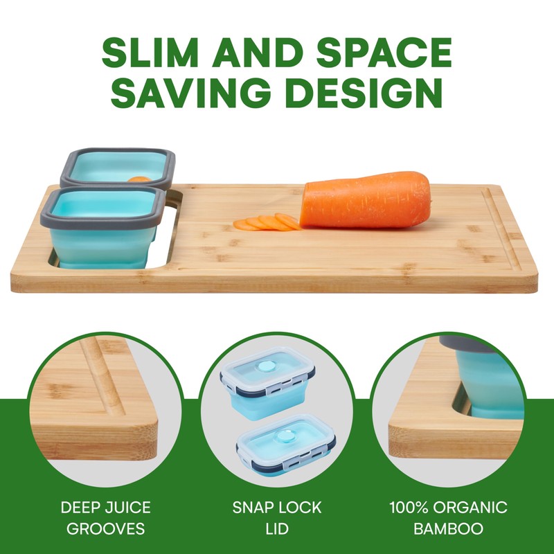 Happylivery Bamboo Cutting Board - Includes 2 Collapsible Containers -