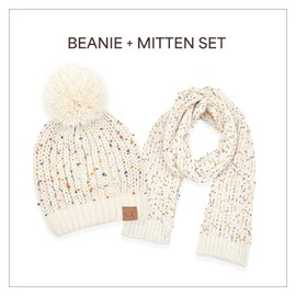 C.C Cable Knit Beanie and Scarf Set, Colorful Confetti Pattern, Winter Accessories with Gloves (OATMEAL, ONE SIZE)