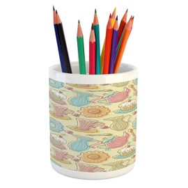 Ambesonne Tea Party Pencil Pen Holder, Old Fashioned Hand Drawing Style Creamy Cupcakes Mugs Coffee Drinks Hearts, Printed Ceramic Pencil Pen Holder for Desk Office Accessory, Multicolor