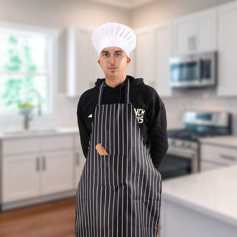 SAVITA Hat Apron Set White Chef Hat Black and White