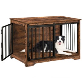 Hzuaneri 39.3" Dog Crate Furniture with Barn Door, Heavy Duty Dog Kennel Indoor with 2 Doors, Wooden Pet Cage End Table for Large Small Medium Dogs, Anti-Chew Anti-Escape, Rustic Brown DFC02301B