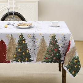 FIBORIA White Christmas Table cloth 140x200 cm Rectangular Wipe Clean & Water Resistant Table Cover with Gold Snowflakes & Colorful Tree Tablecloth for Xmas Party Winter New Year Dining Decorations
