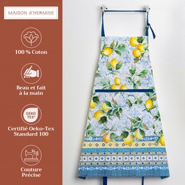 Maison d' Hermine Cloth Apron 100% Cotton 1 Piece Adjustable Neck Strap Easter Clothapron with Center Pocket & Long Ties for Women, Men, Banquet, Citrus - Spring/Summer (70 cm x 85 cm)