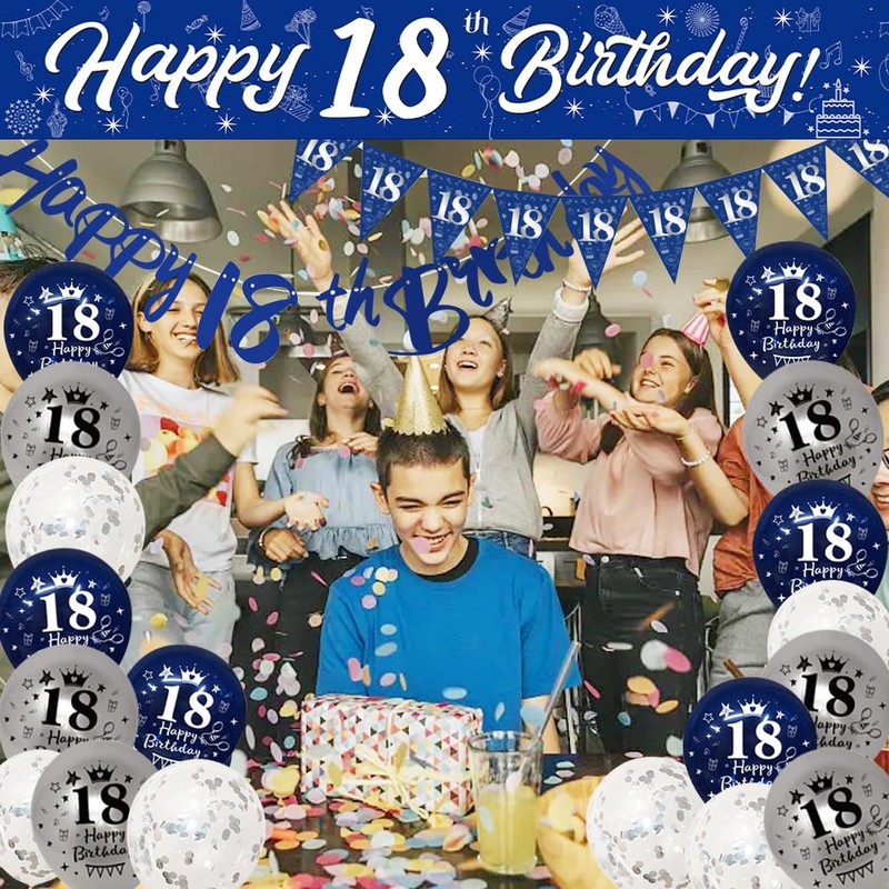 Yontree 18th Birthday Decorations - Blue & Silver Banners, Triangle