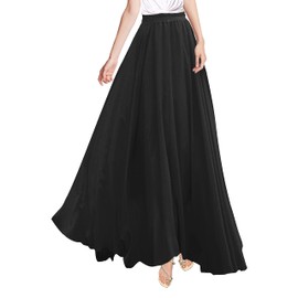 v28 Women Full/Ankle Length Elastic Pleated Retro Maxi Chiffon Long Skirt, Black, Small