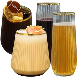 48 Pack Ribbed Origami Ripple Plastic Glasses, 24 9 Ounce Stemless Champagne Flutes & 24 12 Ounce Cups, BPA-Free Disposable Shatterproof Toasting Glasses for Weddings, Bars, and Events (Gold Rim)