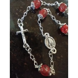 Sideways Crucifix Cross 17" Necklace Our Lady of Fatima Red Capped Beads