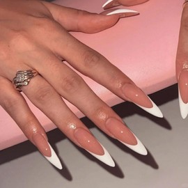 French Tip False Nails - 24pcs Long Almond Press on Nails - Nude Pink White-edge Fake Nail Tip with Glue - Oval Extra Long Full Cover Acrylic Glossy Elegant Stick on Nail for Women Manicure Decoration