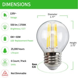 6-Pack G45 E26 LED Small Globe Bulbs 60Watt Equivalent, 2700K Warm White, 550Lumens, 6W G16.5 Vintage Chandelier Light Bulbs, Non-Dimmable, LED Filament Clear Glass Candle lamp for Home Office Decor