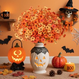 AmyHomie 16 Bundles Artificial Fall Yellow Orange Flowers with Eucalyptus UV Resistant Fake Mums, No Fade – Outdoor Fall Decor for Garden, Porch, Window