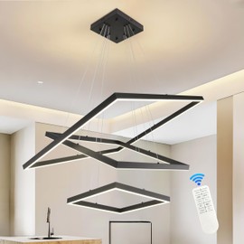 Mccokaige 3 Ring Black Modern Led Chandelier Dimmable Square Chandelier Modern Led Pendant Light Contemporary Light Fixtures Adjustable Ring Light for Kitchen Island Dining Living Room Entryway