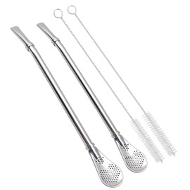 Stainless Steel Spoon Straws, 4Pcs 6.9" Reusable Metal Long Handle Straw Spoon with Filter Drinking Straws for Milkshake Drinks Cocktail, Silver (2 Straws 2 Cleaning Brushes)