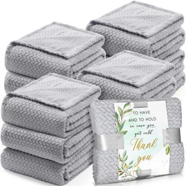 Nuanchu 12 Pcs Flannel Throw Blanket Bulk 50 x 60 Inch Wedding Fleece Blanket with Thank You Cards Ribbon for Wedding Favors Soft Lightweight Leave Jacquard for Bed Sofa Gift (Light Grey)
