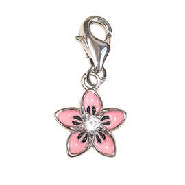 925 Sterling Silver Five Petal Flower CZ Enamel Clip-on Lobster Clasp Charm | For Linked Chain Bracelets or Necklace | Gift for Birthday Anniversary Christmas (Platinum Plated Pink Enamel CZ)