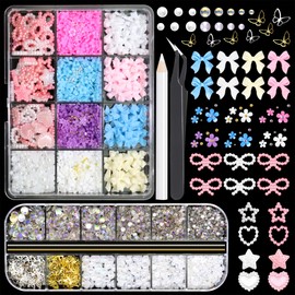 RODAKY Nail Charms and Flatback Pearls Gems Set, Bow Charm for Nail Art Designs,Assorted Pearl Bows Heart Star,Flowers for Nail with Nail Beads,White Half Pearls for Nail Jewelry DIY Nail Decoration