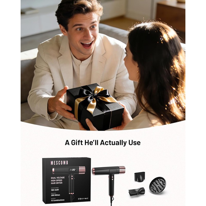 Dual Voltage Travel Hair Dryer with Diffuser, 1875W Ionic,Black