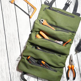 NTTR Large Rolling Tool Bag Canvas Wrench Tools Pouch with 5 Zipper Pockets,Tools Organizer Roll Up Tool Bag Garden Tool Storage Bag Green