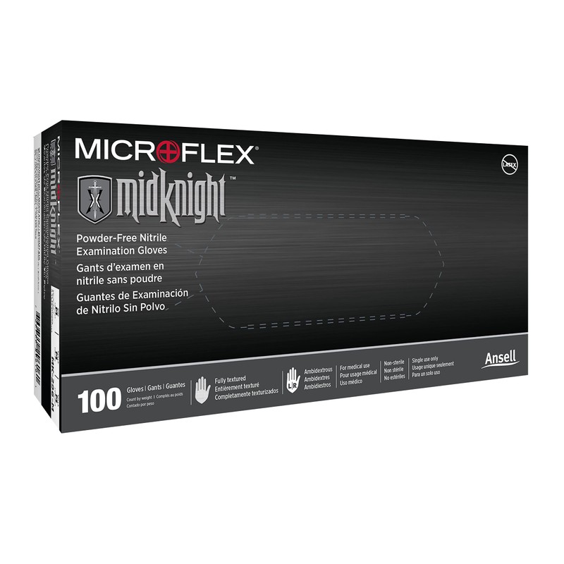 Microflex MK-296-XXL-Box Midknight Exam Gloves, PF Nitrile, Textured, Black, XXL