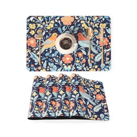 QIYI Faux Leather Placemats, Set of 4, Waterproof Oil-Proof Heat-Resistant PU Table Mats for Kitchen, Dining, Indoor & Outdoor Use, 45×30cm, Vintage Folk Art Birds and Floral Pattern