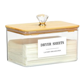 Dounozzi Dryer Sheet Holder with Lid, Clear Dryer Sheet Container, Dryer Sheet Dispenser with 4 Labels, Laundry Sheet Holder for Laundry Room and Organization