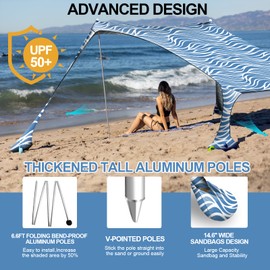 Buheco Beach Tent Pop Up Shade 10x10ft Beach Canopy Sun Shelter UPF50+ with 4 Foldable Poles-Portable Carrying Bag-Sand Shovel-Ground Pegs-Windproof Ropes for Outdoor Family Camping-Fishing- Picnic