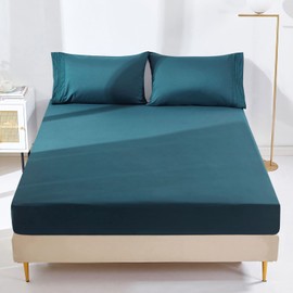 YIYEA Fitted Sheet with Pillowcase, 1800TC Hotel Quality Double Brushed Microfiber Deep Pocket Fitted Sheet King Size, Ultra Soft Fitted Bottom Sheet, Shrinkage, Fade Resistant (King, Teal)