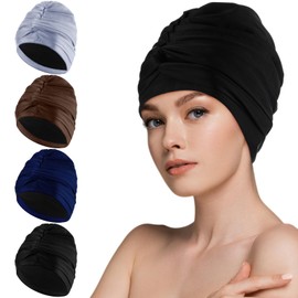 Yearntown 4 Pcs Swim Caps for Women Swimming Turban Polyester Elastic Waterproof Hat for Pool Long and Short Hair (Black, Navy Blue, Coffee, Gray)