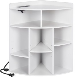 VECELO Corner Cube Shelf with USB Ports & Outlets, Modern Corner Toy Storage Rack with Adjustable Shlef, Wooden Display Bookshelf Bookcase for Living Room, Bedroom, Dining Room, Kitchen, White