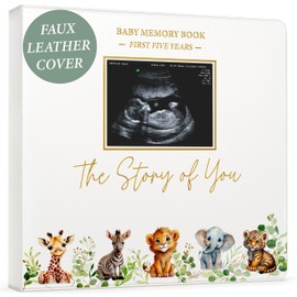Baby Book Keepsake - Timeless Baby Memory Book for Boy or Girl I First 5 Year I Faux Leather, Gender Neutral, Safari Theme w/Gold Foil Stamp - Baby First Year Book Journal Scrapbook Photo Album Shower