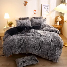 XeGe Plush Shaggy Duvet Cover Set, Luxury Ultra Soft Crystal Velvet Fluffy Bedding Sets 2 Pieces(1 Faux Fur Furry Comforter Cover + 1 Fuzzy Faux Fur Pillow Case), Zipper Closure (Twin, Black Ombre)