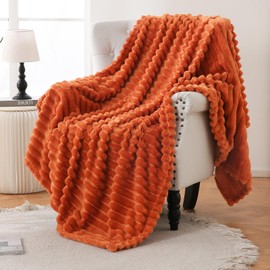 Bnuitland Super Soft Flannel Throw Blanket, 3D Striped Jacquard Fluffy Blanket for Bed,Sofa,Couch,Home Decor, 300GSM Fleece Lightweight Cozy Throw for Adults and Kids, 50X70 inches Burnt Orange